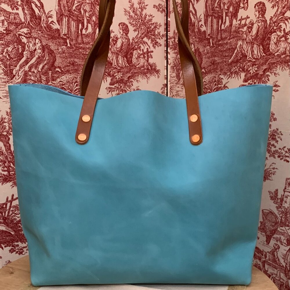 Turquoise Leather Tote with Brown Leather Handles by KMM & Co - Picture 2 of 14